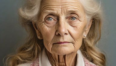 Close-up of the face of an old woman with grey hair and a serious look, AI generated, AI generated