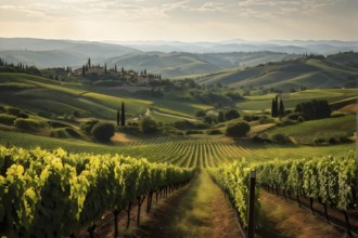 Winding vineyard rows snake through rolling hills under atmospheric summer sunlight, AI generated