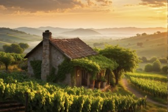 AI generated rustic vineyard cottage nestled amidst lush summer colored vine leaves