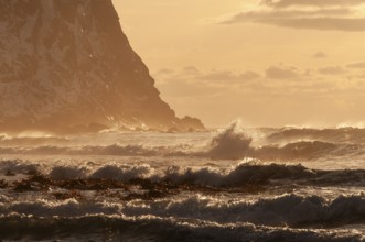 Surf, Unnstad beach, Lofoten island Vestvågøya Lofoten, Northern Norway, Norway, Europe