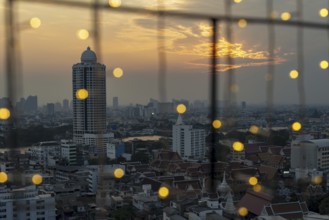 Panorama of the Bangkok skyline at sunset from the Grand China Princess in Chinatown, Thailand,