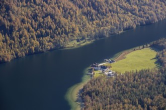 Königssee and St. Bartholomä pilgrimage church, view from the Rinnkendlsteig mountain hiking trail,