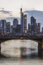 Skyline and banking district at sunset, twilight, Tower 185, Commerzbank, HelaBa, Hessische