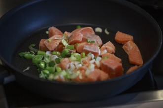 Fry the fresh salmon pieces and chopped spring onions in a black pan on the hob