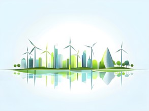 Abstract visual illustration of a city skyline where buildings morph into wind turbines and trees,