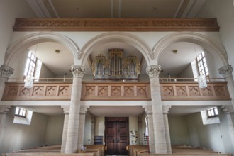 Organ loft of the parish church of St Andrew, built between 1846 and 1853 in neo-Romanesque style,