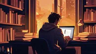 Vector art depiction of a user interacting with a laptop hidden away in a warm home ambiance, AI