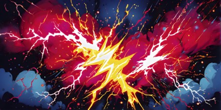 Abstract pop art comic illustration in vibrant colors with thunderbolt crackling across the canvas,