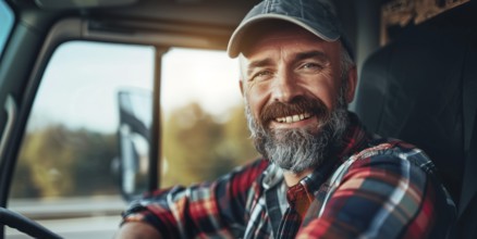 Smiling truck driver in a long distance haul cargo vehicle delivering goods across the country, AI