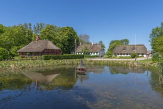 Island of Skarø, Skaroe, thatched half-timbered houses around the village pond, water reflection,