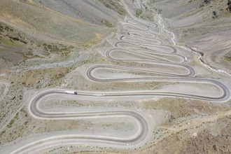 Mountain pass Los Caracoles, The Snails, road connecting Chile and Argentina, aerial view, Chile,