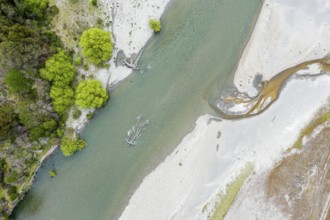 Aerial view of river Rio Nadis, sandbank, dead tree, structures, Patagonia, Chile, South America