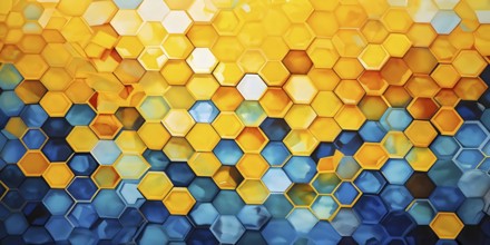 Abstract composition of interlocking blue and yellow hexagons, AI generated