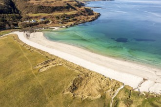 Aerial view of Calgary beach, a sandy beach on the west coast of Isle of Mull, Scotland, UK