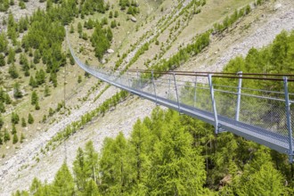 Charles Kuonen suspension bridge, part of hiking trail Europaweg, Matter valley near village Randa,