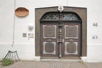 Portal of the Heilig-Geist-Spital-Kapelle built in 1541, wooden door, church door, Radolfzell,