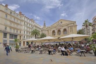 Street pub with guests, people and opera, theatre, houses, Place Victor Hugo, Toulon, Var,