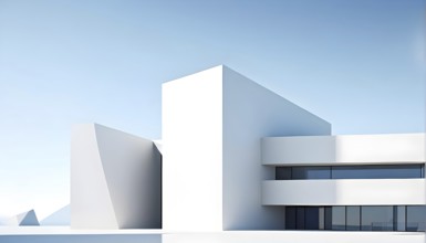 Minimalist architectural composition of modern buildings, with clean angles, rendered in geometric