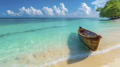 Wooden canoe at the scenic beach in Asian resort island near popular tourist destination hotel, AI