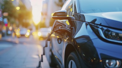 Electric car charging the battery from the electric charger, AI generated