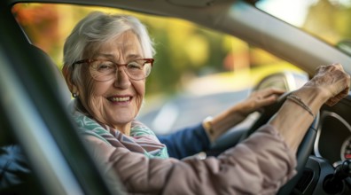 A happy senior woman in glasses is driving a car and smiling, AI generated