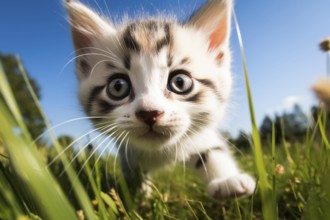 Playful Cute Kitten outdoors in Sunlit Grass. Kitten excitement and wonder as it explores the