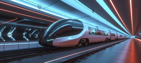 High speed train running between cities carrying passengers and tourists, AI generated