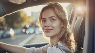 Happy car ownership, beautiful lady smiling when driving new car car, AI generated