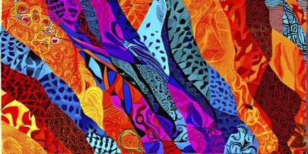 Illustration background featuring an mix of vibrant textiles with overlapping arrays of colors, AI