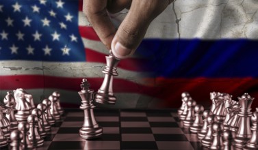 Political tension between Russia and USA. Russia vs USA flag on chessboard