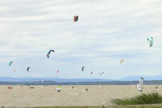 Kitesurfer on the beach of Lake Neusiedl, Podersdorf, Lake Neusiedl National Park, Burgenland,