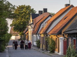 Visitors to the Medieval Week walk along a cobbled street in medieval dress, old houses, former