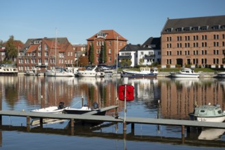 Leisure harbour, moorings, motorboats, Leer, East Frisia, Germany, Europe