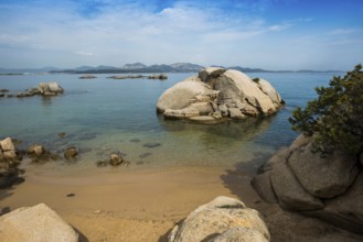 Lonely beach with granite rocks, Spiaggia Li Cuncheddi, Capo Ceraso, near Olbia, Sardinia, Italy,