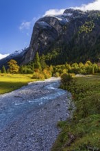 Brook, mountain landscape, maple trees, snow-covered mountains, sunny, autumn, Großer Ahornboden,