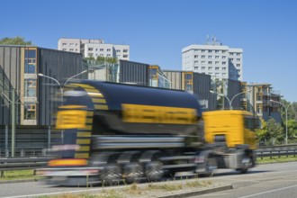 Residential buildings, Nutheschlange, lorry, Nuthestraße motorway, Potsdam, Brandenburg, Germany,