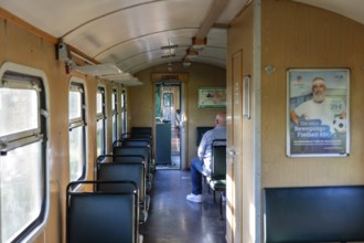 Nostalgic train interior with wooden panelling and retro atmosphere, Rügen, Rasender Roland