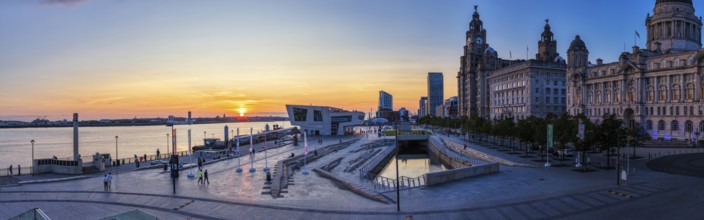 Impressive city panorama at sunset with river and modern buildings, Liverpool