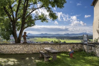 Viewing terrace from the historic upper town of Aach in Hegau with a view of the volcanic cones