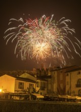 Fireworks from the Scaliger castle in the foreground Houses of, Borghetto, Valeggio sul Mincio,