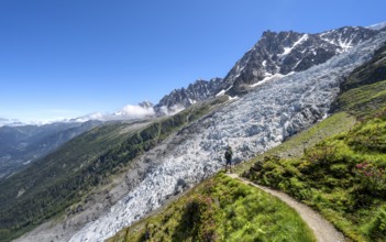 Hiking on the trail to La Jonction, Glacier des Bossons, behind the summit of the Aiguille du Midi,