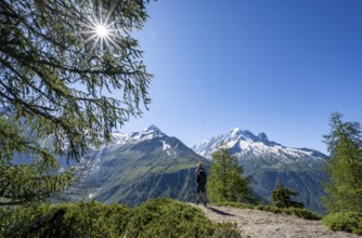 Mountaineer on hiking trail, mountain panorama with glaciated mountain peaks, Aiguille Verte, hike