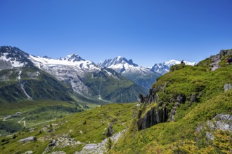 Mountain panorama with glaciated mountain peaks, Aiguille Verte and Glacier du Tour, hike to