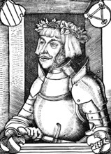 Portrait of Ulrich von Hutten (1488-1523) with ancestral coat of arms and knight's armour, after a