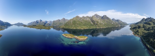 Panoramic aerial view over fjord Raftsund, the waterway between Lofoten and Vesteralen island,