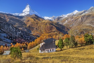 Autumn landscape with chapel on the Riffelalp and Matterhorn 4478m Zermatt, Mattertal, Valais,