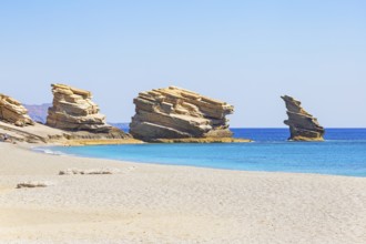 The Three stones standing at Triopetra beach, Triopetra, Southern Crete, Crete, Greek Islands,