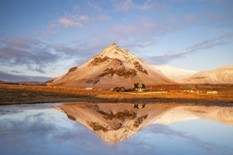 Mountain reflected in a small lake, Arnarstapi, Snäfellsnes Peninsula, Snæfellsnes, West Iceland,