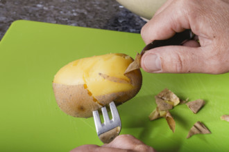 German cuisine, preparation of sauerbraten with mashed potatoes, jacket potatoes, peeling boiled