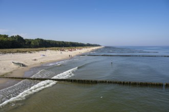 View from the pier to the beach and the coast, Koserow, Usedom Island, Baltic Sea,